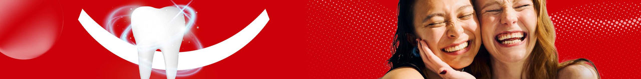 Glowing white tooth illustration with a protective shield next to two smiling women on a vibrant red background.